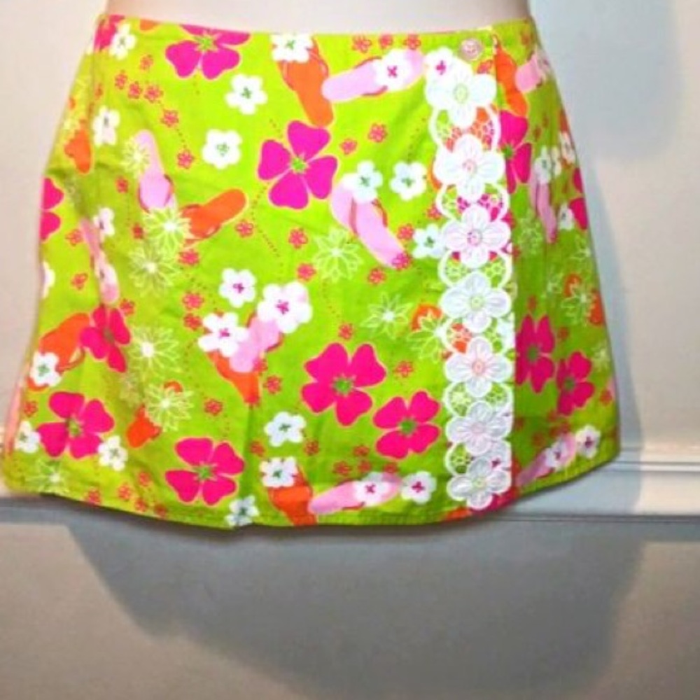 Lilly Pulitzer Rare Vintage Lime Pink Flip-Flop/Mosaic Sun Reversible Wrap Skirt